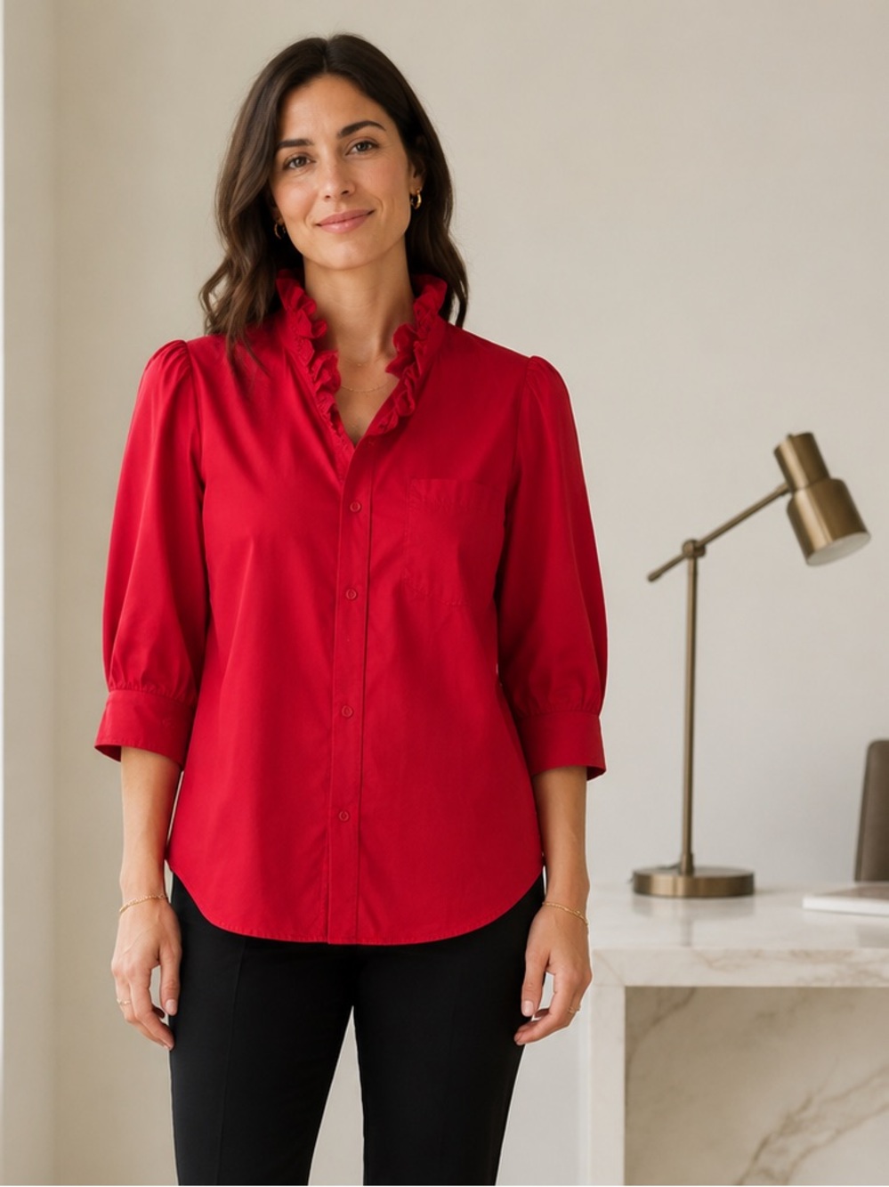 KMJ Red Ruffle Collar Button-Down Blouse Size Small